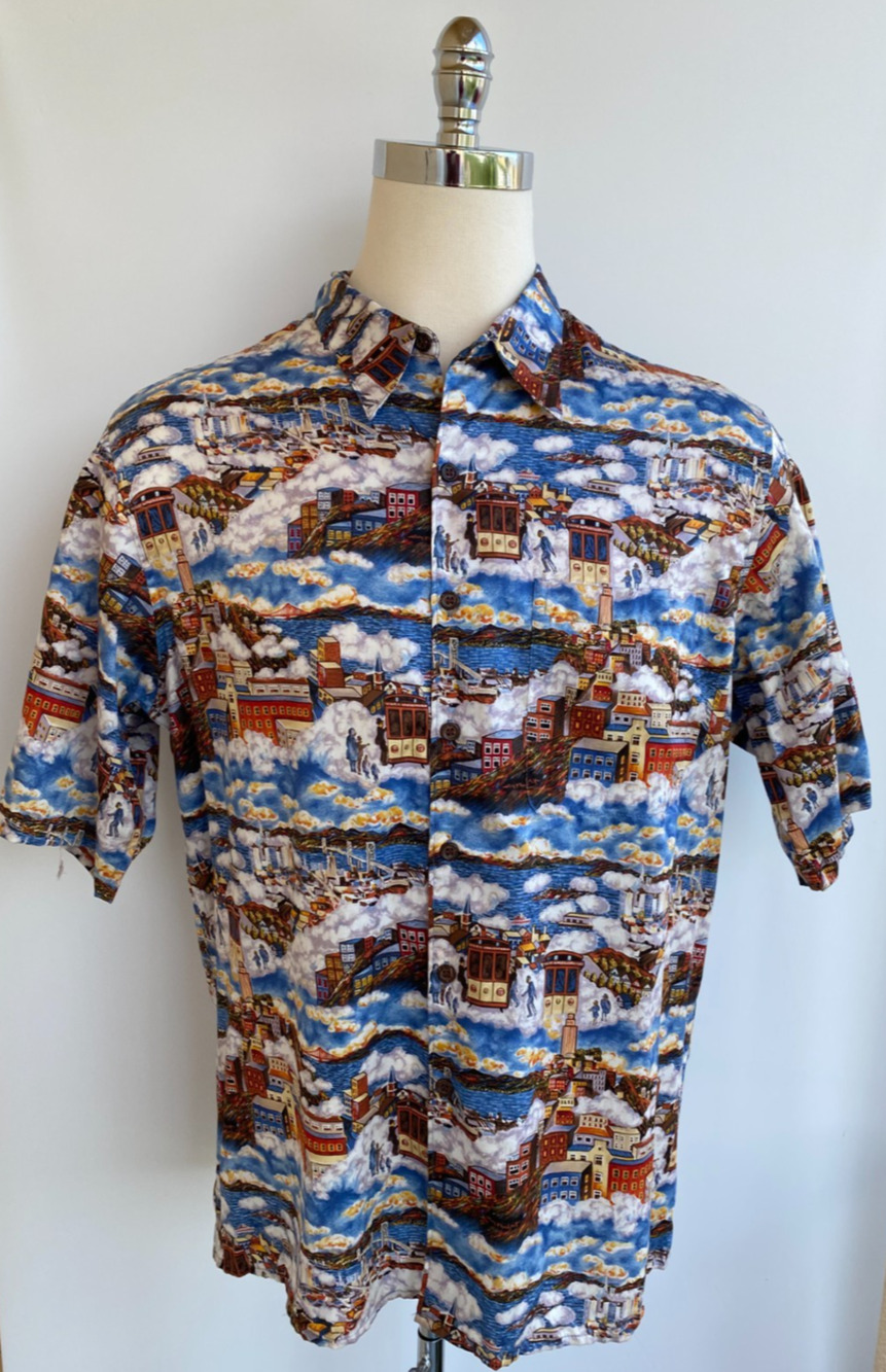 Reyn Spooner Guy Buffet Trolley Painting Shirt Men’s Size XL Egyptian Cotton